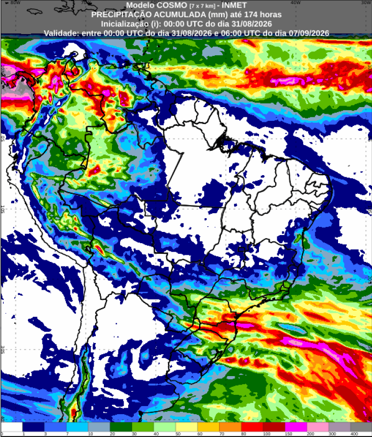 Previsão do INMET para chuva no Brasil entre 31 de agosto e 7 de setembro de 2026